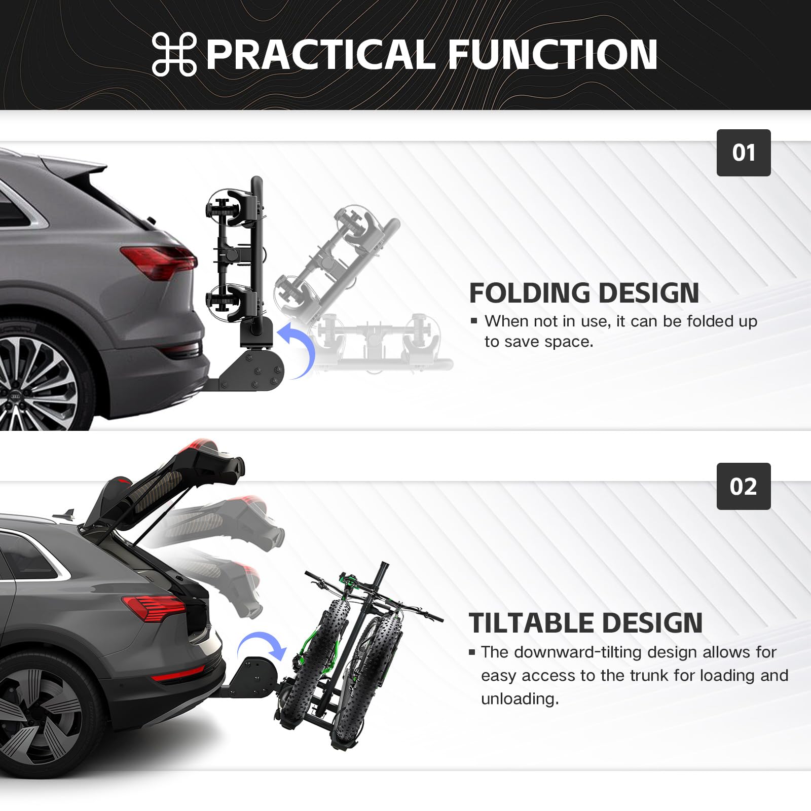 YZONA 2 EBike Rack with Cross Bar, 5" Fat Tire Carrier, 200 LBS Capacity Electric Bicycle Racks with Ramp, Lockable & Foldable Bike Racks Platform, Fits 2" Standard Hitch for SUVs Cars Trucks Vans