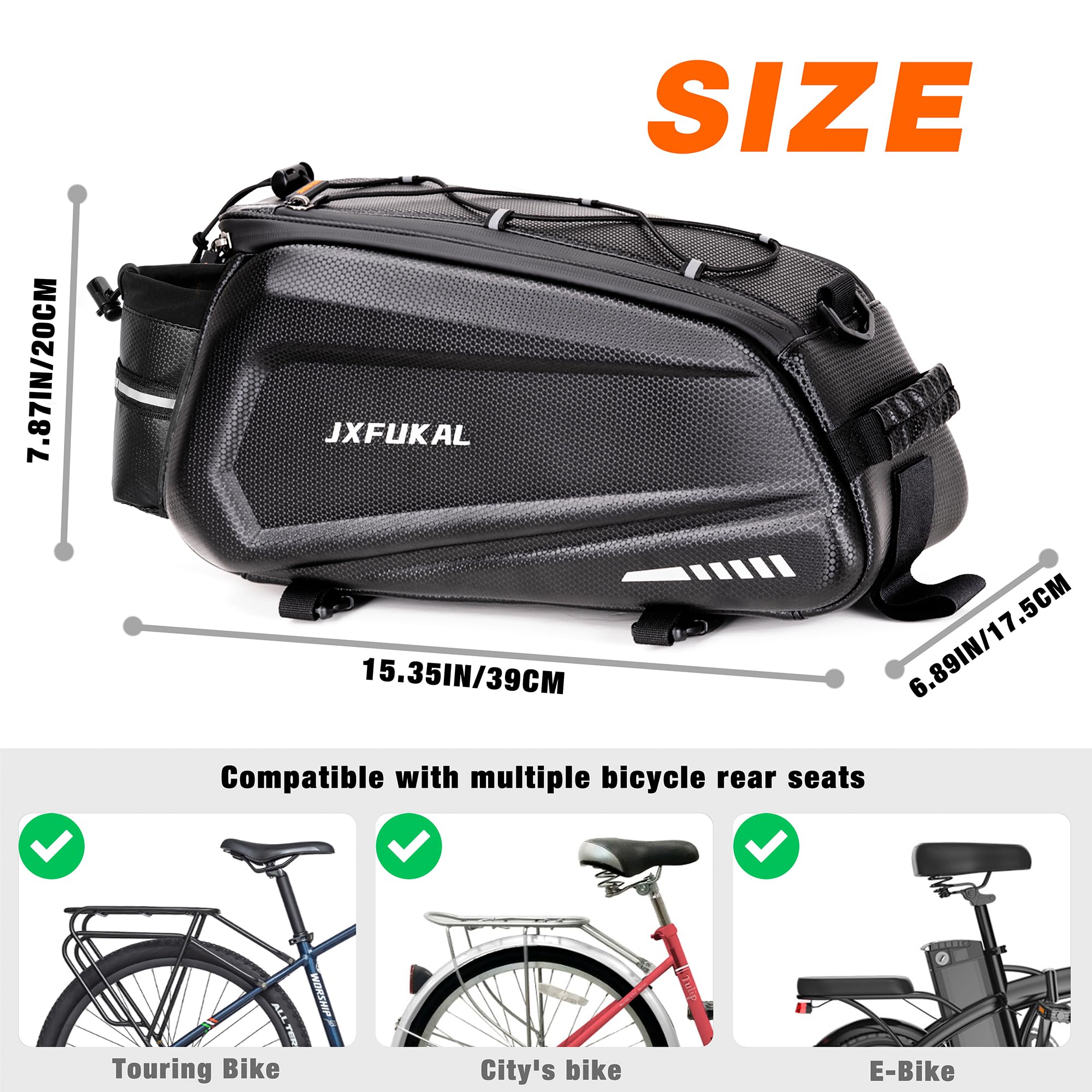 JXFUKAL Bike Bags for Bicycle Rear rack - 9.5L/17L/40L Hard Shell Waterproof Bike Ebike Trunk Pannier Saddle Seat Bag Carrier with Reflector, Rain Cover & Shoulder Strap for Commuter Travel Outdoor