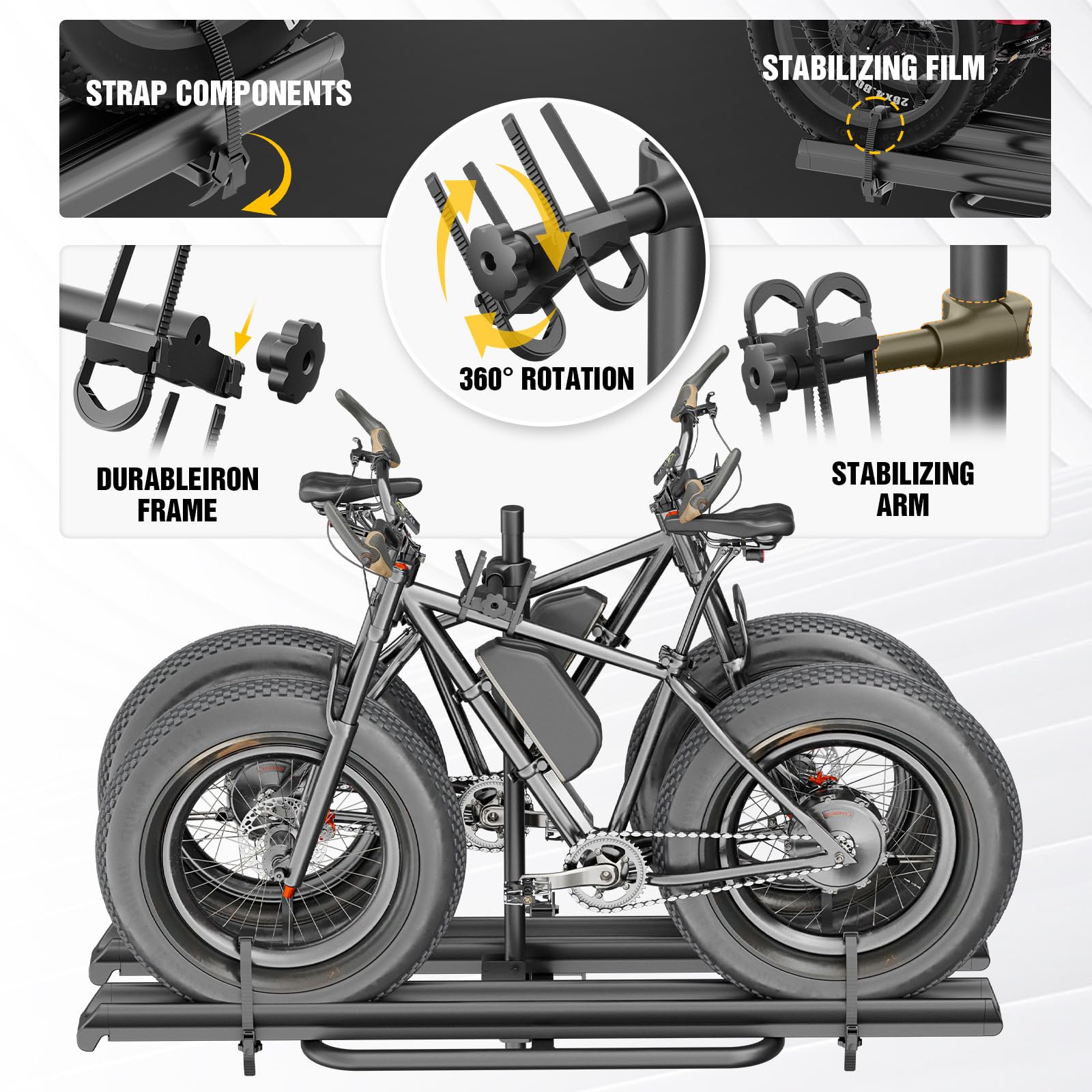YZONA 2 EBike Rack with Cross Bar, 5" Fat Tire Carrier, 200 LBS Capacity Electric Bicycle Racks with Ramp, Lockable & Foldable Bike Racks Platform, Fits 2" Standard Hitch for SUVs Cars Trucks Vans
